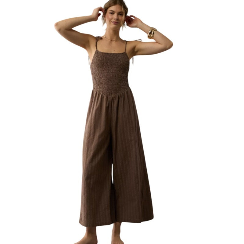 American Eagle Womens Medium Brown Pink Striped Smocked Wide Leg Long Jumpsuit
