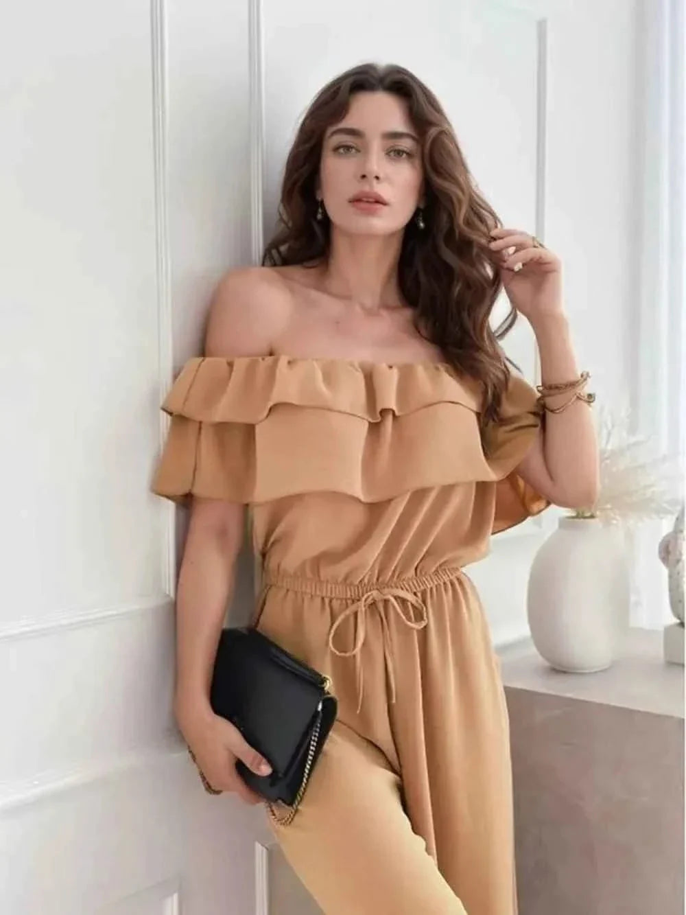 Ruffled Off-Shoulder : Wide Leg Jumpsuit
