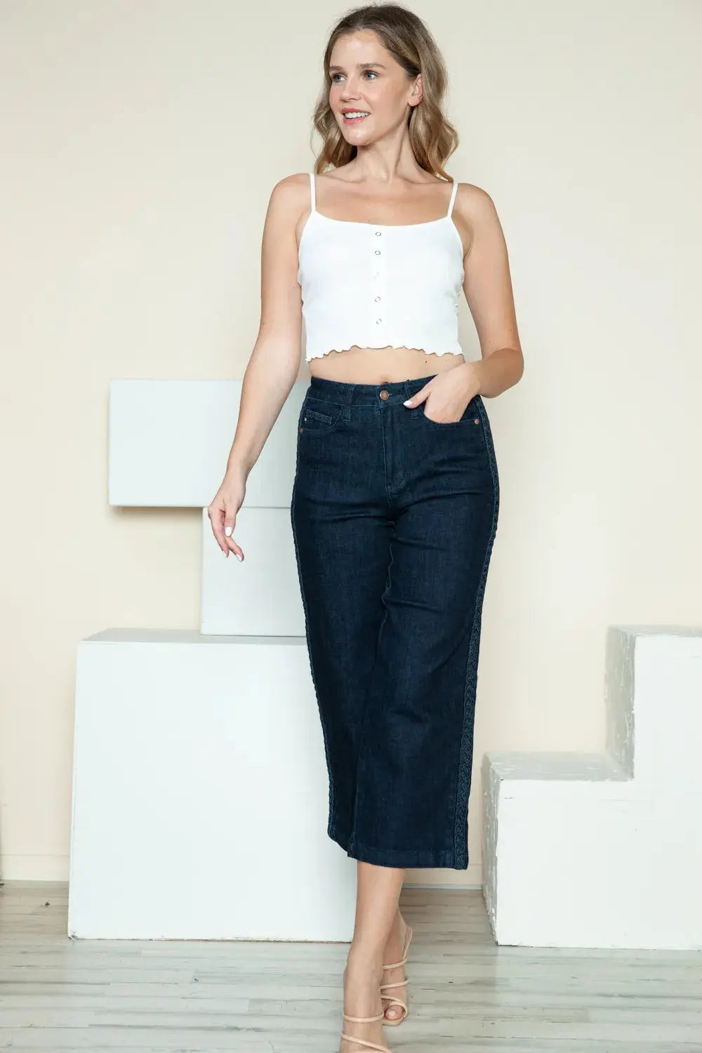Judy Blue Full Size/Plus Size Side Seam Braid Detail Crop Wide Leg Jeans