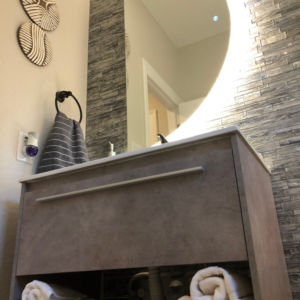 Modern LED Bathroom Mirror – Half Circle Backlit Wall Mirror with Touch Sensor, Designer Lighted Vanity Mirror