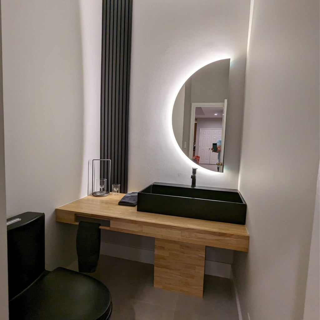 Modern LED Bathroom Mirror – Half Circle Backlit Wall Mirror with Touch Sensor, Designer Lighted Vanity Mirror