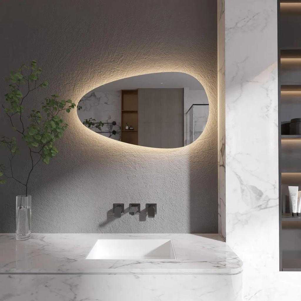LED Bathroom Mirror – Irregular Oval Backlit Wall Mirror with Touch Sensor, Modern Lighted Vanity Mirror