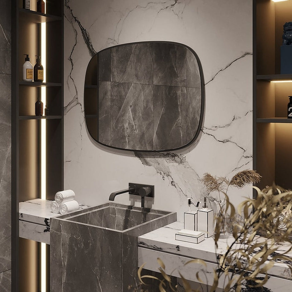 Modern Irregular Wall Mirror – Rounded Rectangle Bathroom Mirror with Black Frame