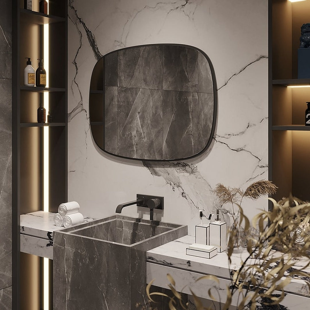Modern Irregular Wall Mirror – Rounded Rectangle Bathroom Mirror with Black Frame
