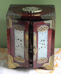Handmade Vintage Wooden Jewelry Cabinet, Jade Insert Doors, Brass Hardware