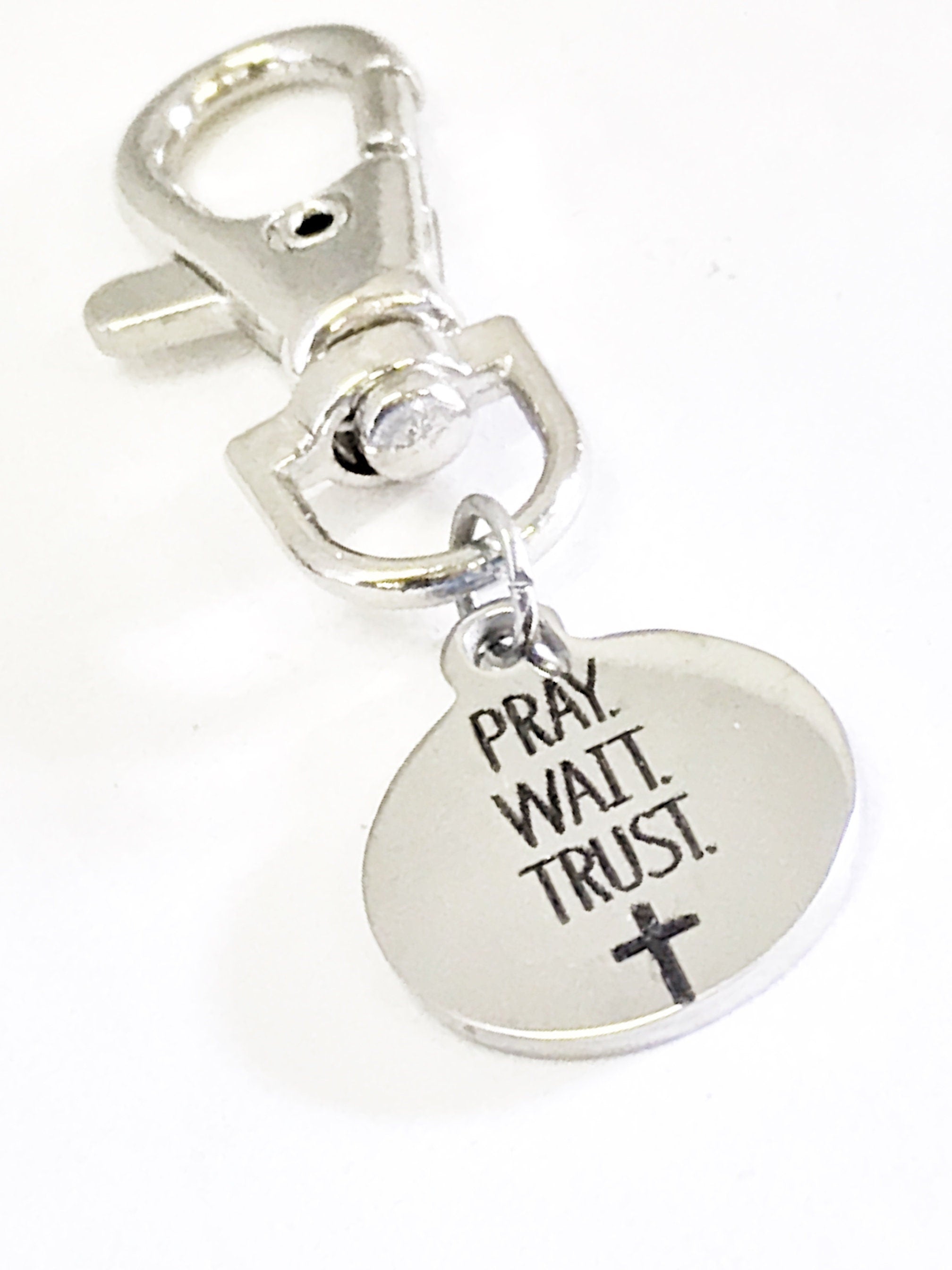 Bag Charm, Pray Wait Trust Charm, Baptism Gift, Confirmation Gift, Planner Charm, Purse Charm, Wait On God, Christian Tag Key Charm, C449