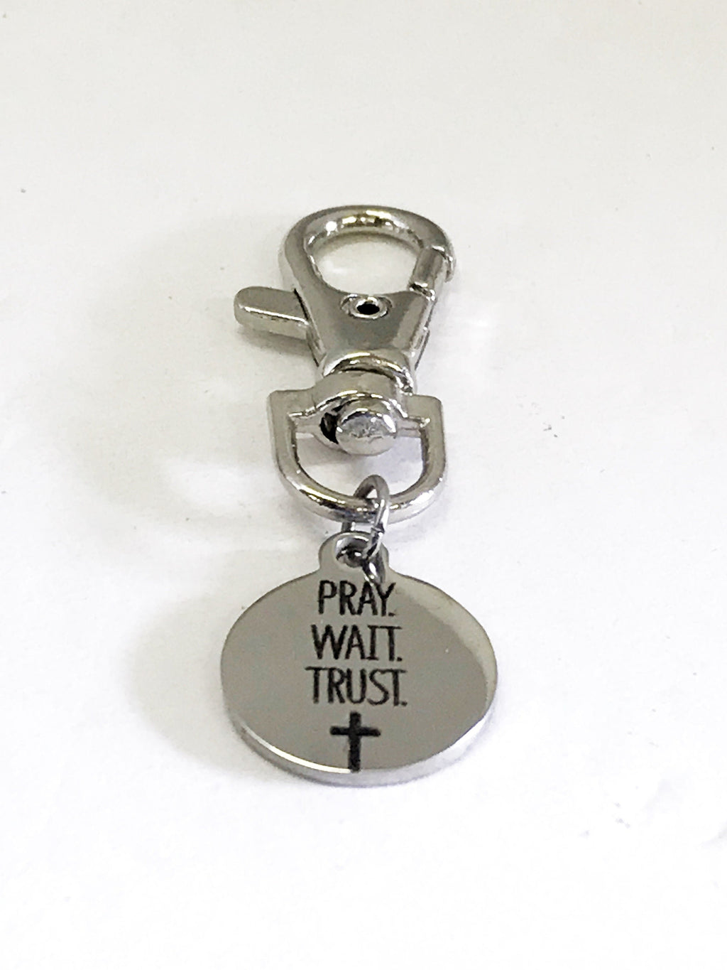 Bag Charm, Pray Wait Trust Charm, Baptism Gift, Confirmation Gift, Planner Charm, Purse Charm, Wait On God, Christian Tag Key Charm, C449