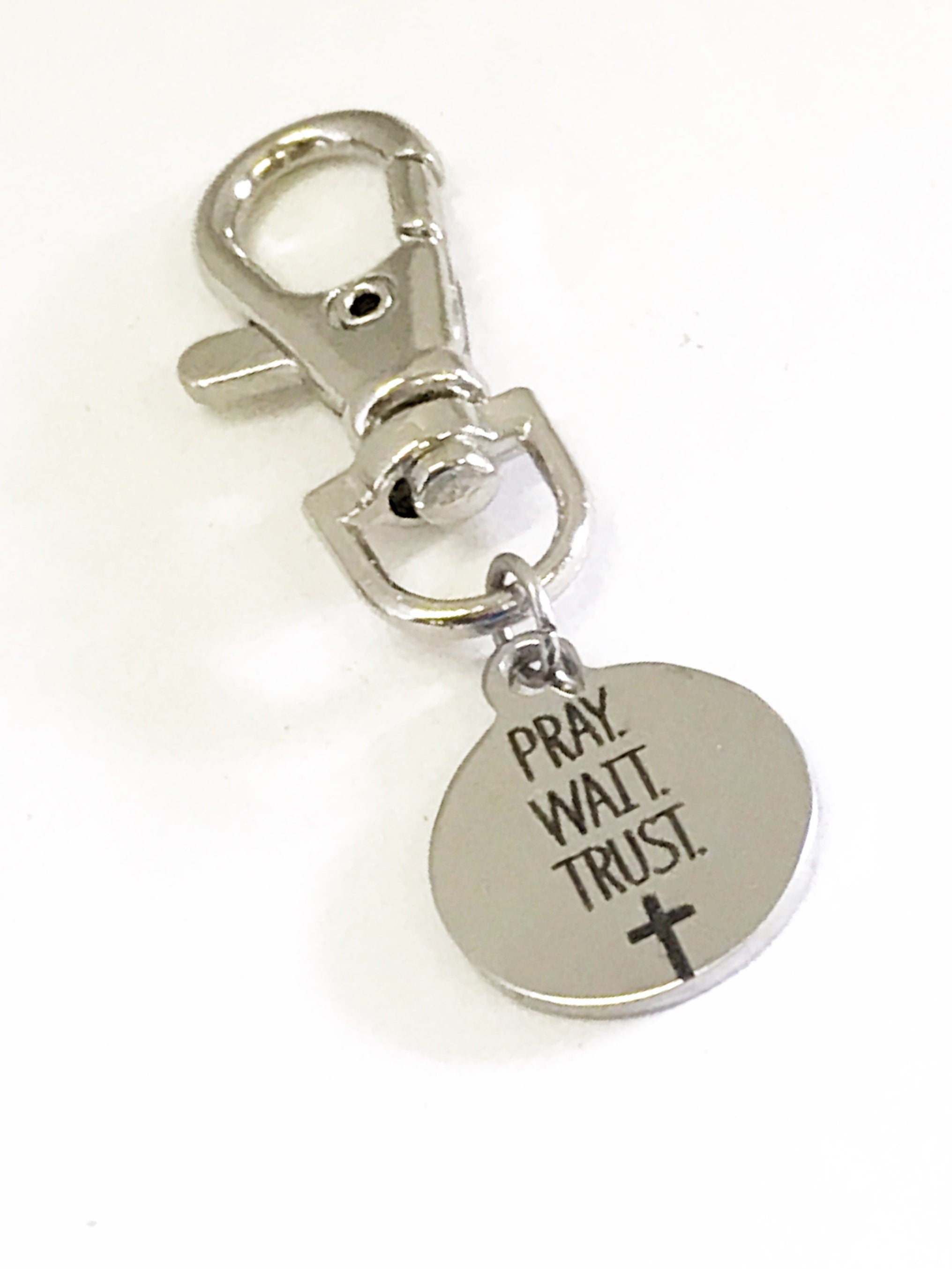 Bag Charm, Pray Wait Trust Charm, Baptism Gift, Confirmation Gift, Planner Charm, Purse Charm, Wait On God, Christian Tag Key Charm, C449