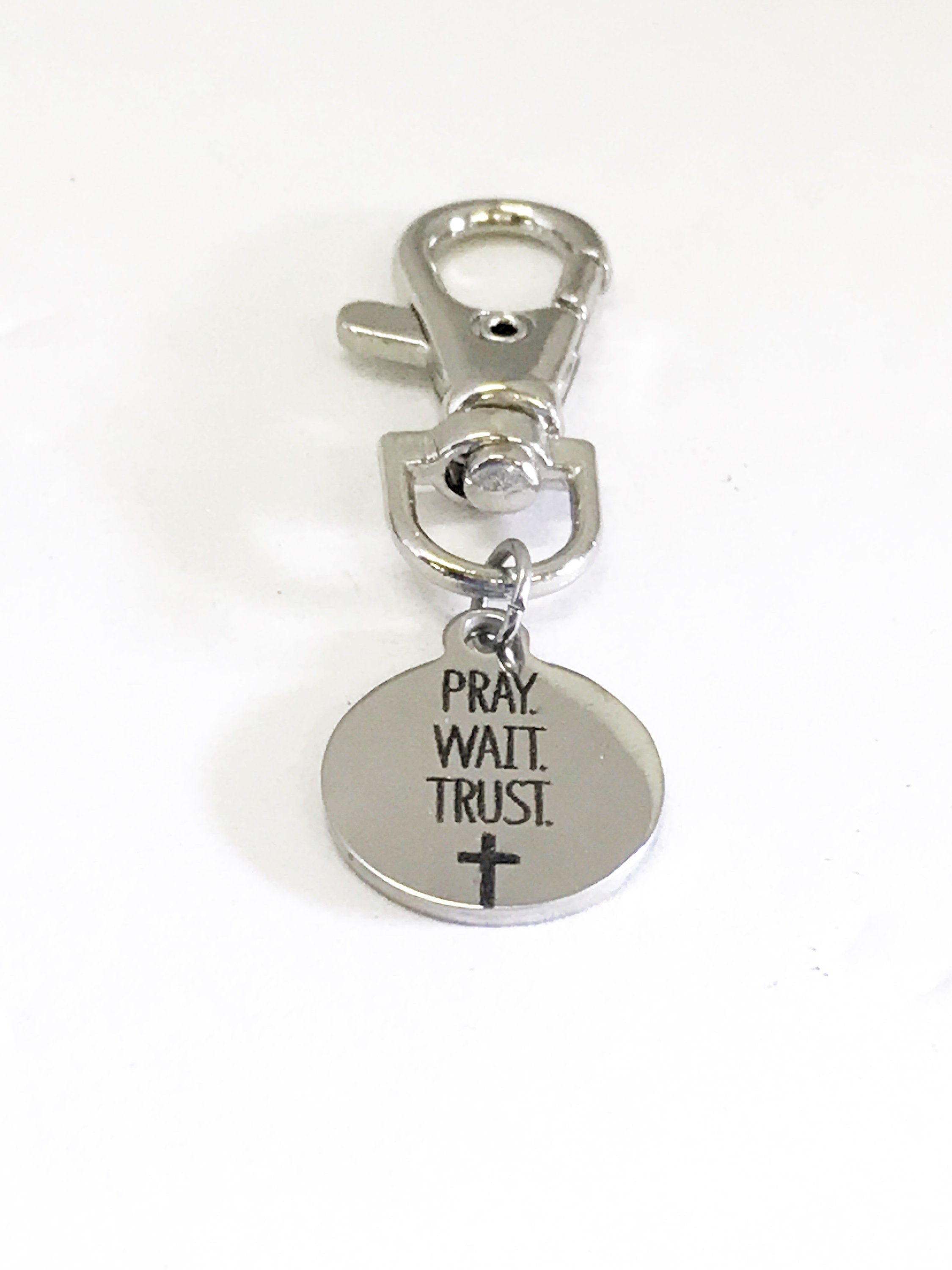 Bag Charm, Pray Wait Trust Charm, Baptism Gift, Confirmation Gift, Planner Charm, Purse Charm, Wait On God, Christian Tag Key Charm, C449