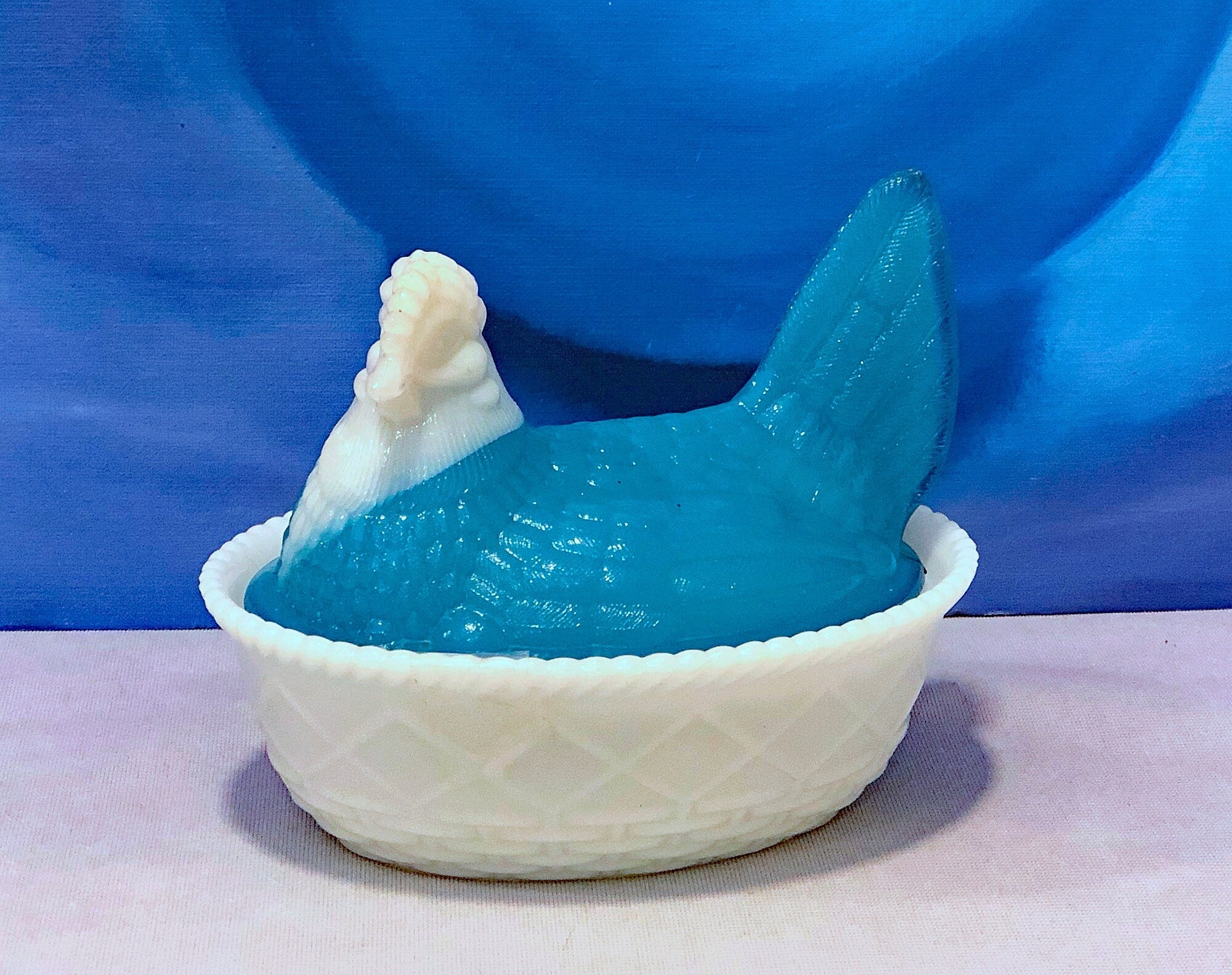 White and Blue Glass Hen in a Basket. Milk Glass Chicken Sitting on Eggs in a Basket. Butter Dish, Storage Bowl with Lid. Collectible Hen.