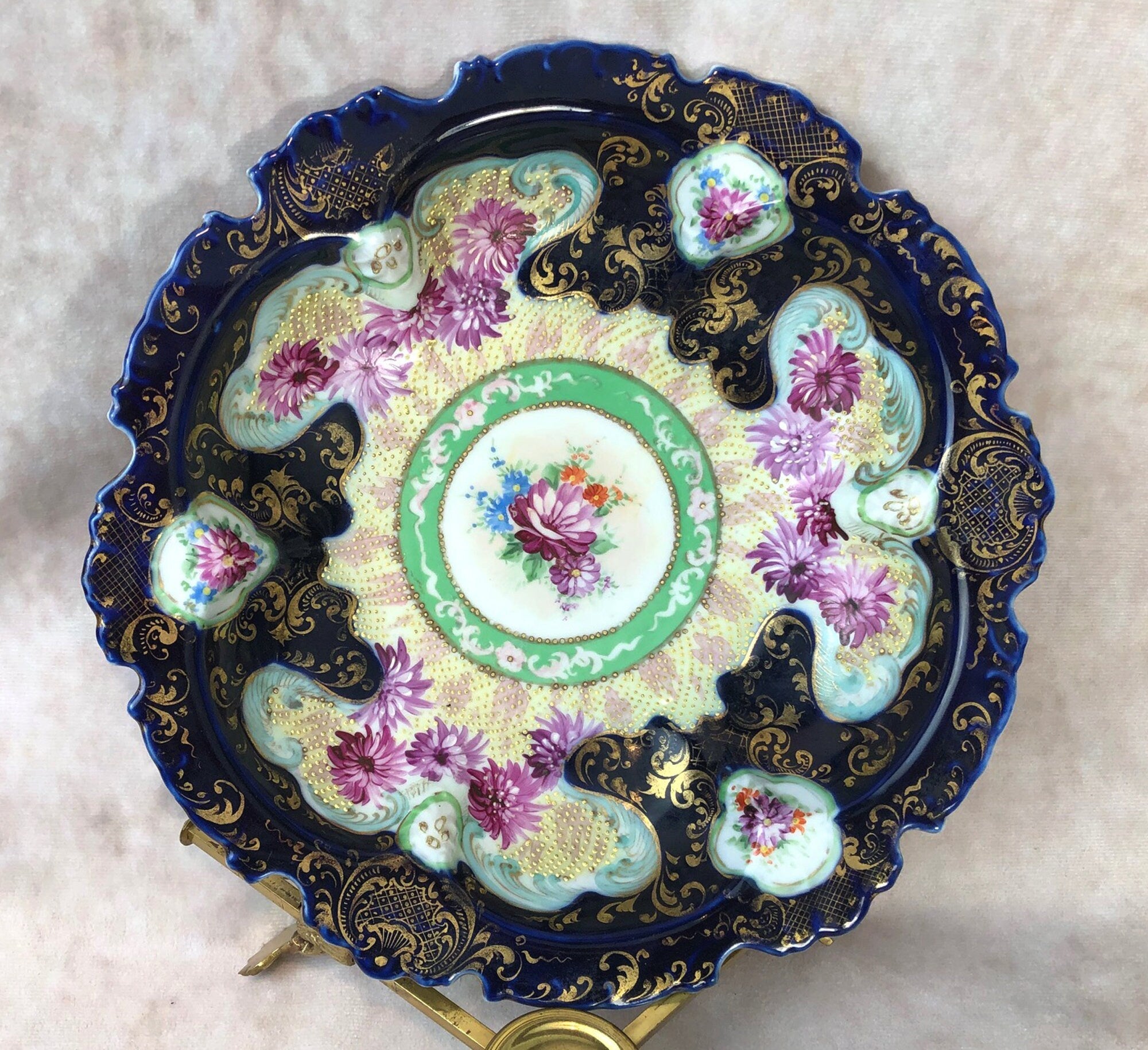 Antique Bowl with Stand - Intricate Hand Decorated Dish with 22K Gold