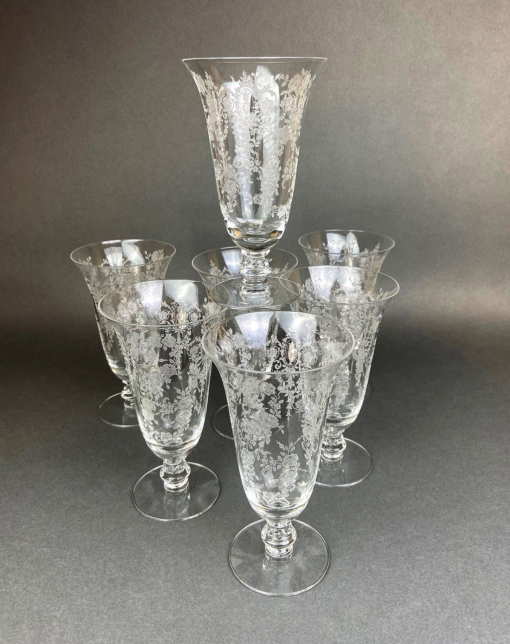 Etched Crystal Large Goblets. Set of 6 Oversized, Wine or Water Glassware. Persian Motif with Lotus. Collectible Stemware.