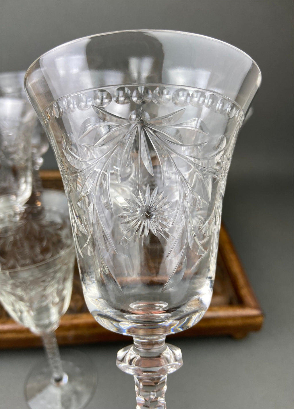 Vintage Wine or Water Goblets by Newton Crystal Co. Hand Blown Tall Stemware. Swirl Optic and Cut Floral. Stem #3365-3. Set of 4 Glasses.
