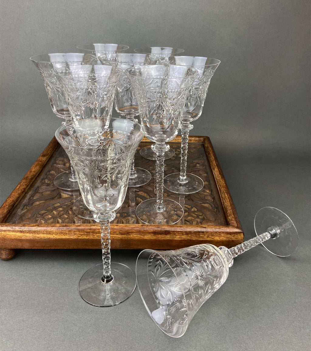 Vintage Wine or Water Goblets by Newton Crystal Co. Hand Blown Tall Stemware. Swirl Optic and Cut Floral. Stem #3365-3. Set of 4 Glasses.