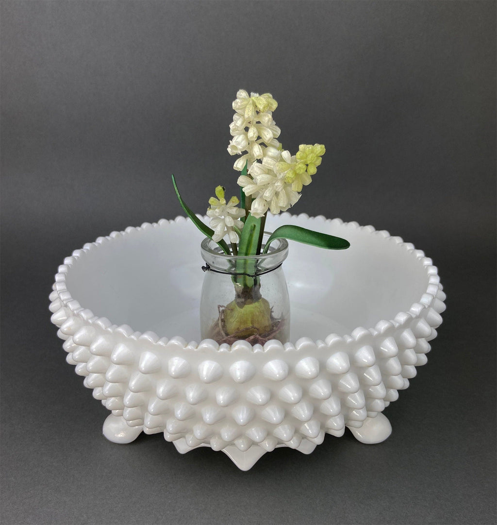 Vintage Milk Glass Footed Candy Bowl, Grape Motif, Ruffled Rim
