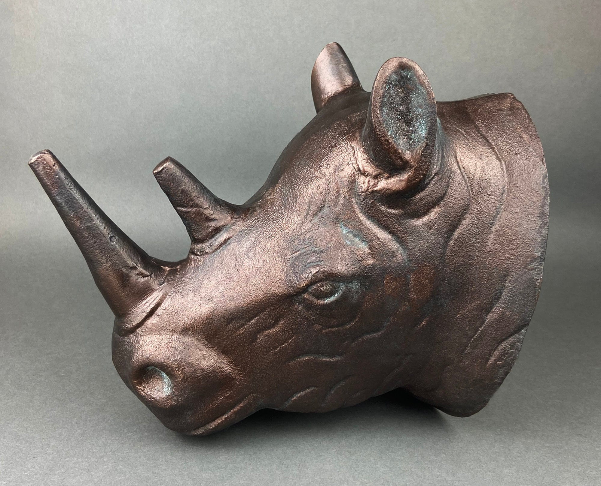 Distressed Bronze Rhino Head Wall Hanging, Safari Decor