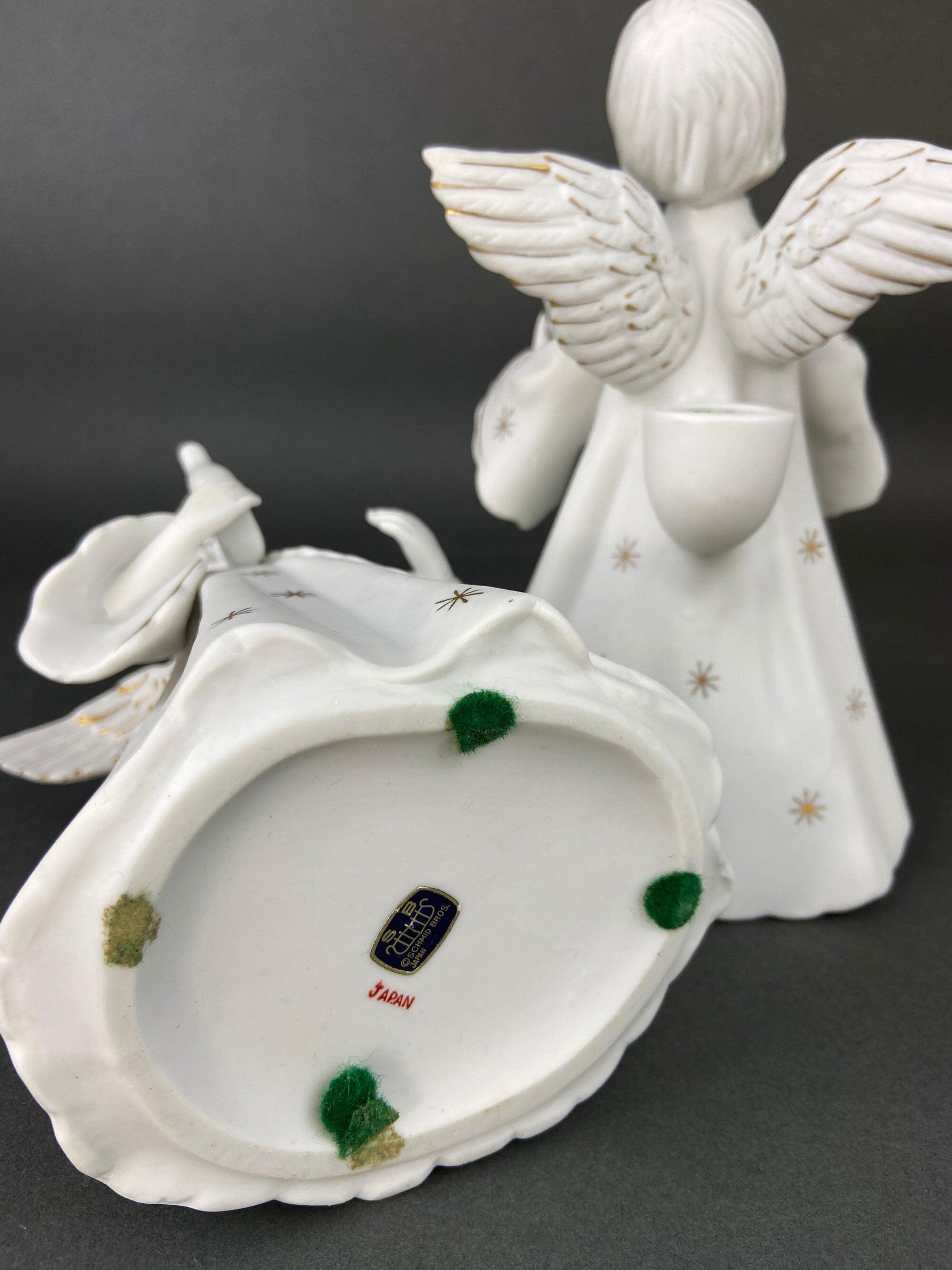 Angel Candle Stick Holders by Schmid Brothers. Set of Two Porcelain Angels Playing Harp. Made in Japan.