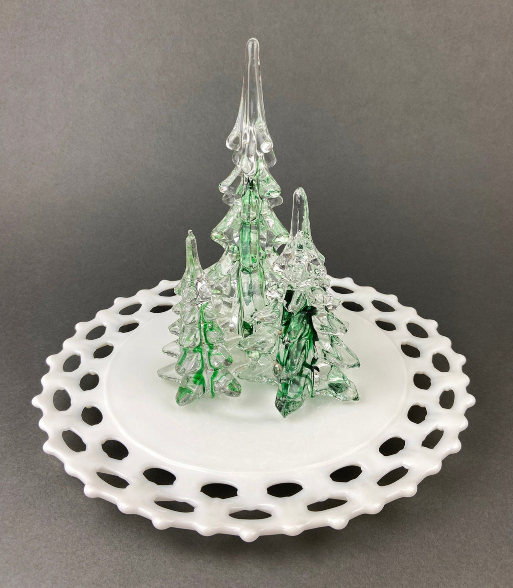 Christmas Village Accessories.  Dressed Christmas Trees by Nikko, Korea. Girl Figurine by Lefton.   Set of Two Trees and Little Girl.