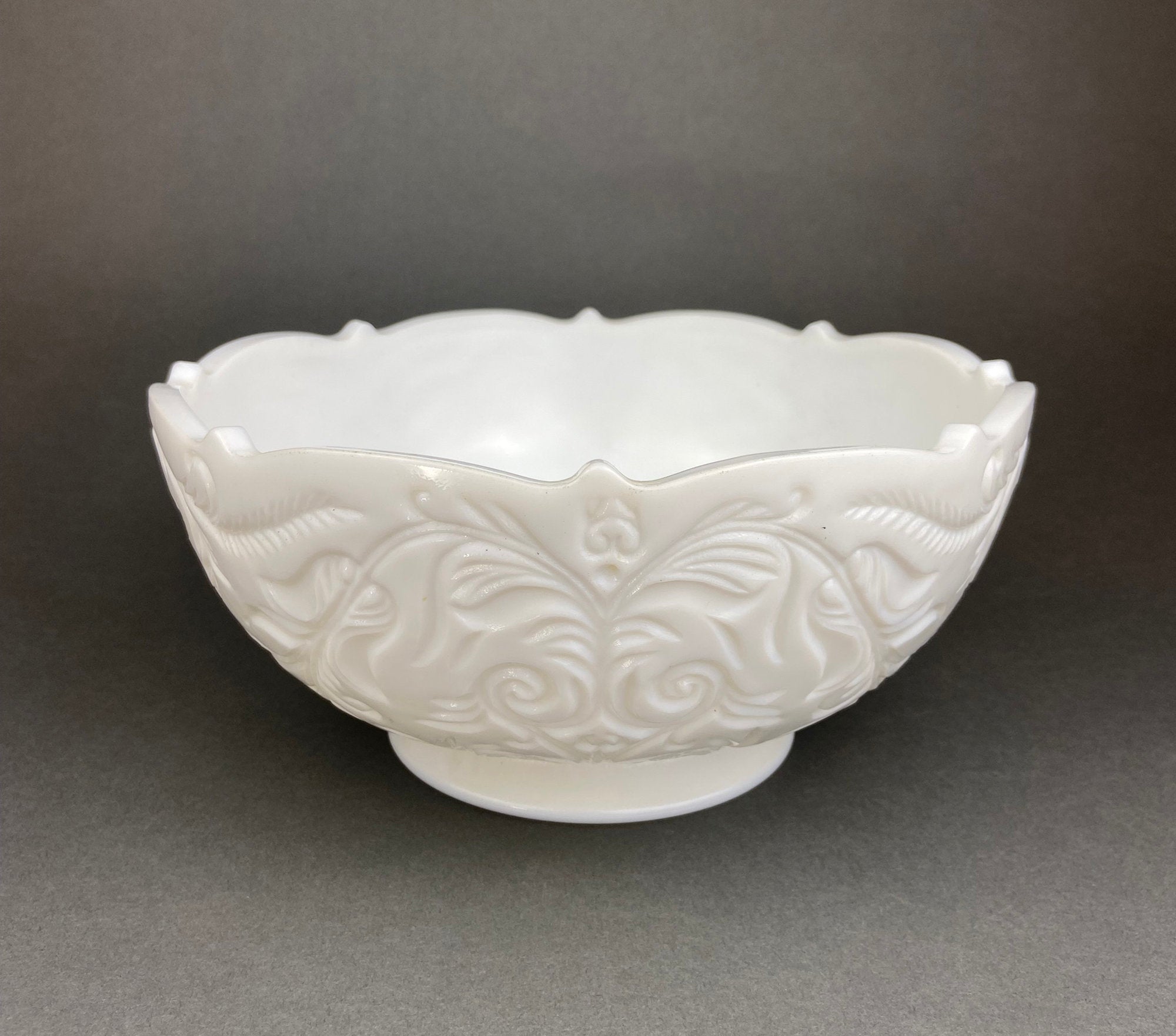Vintage Milk Glass Bowl and Butter Dish, Waffle Pattern, Scalloped Edge