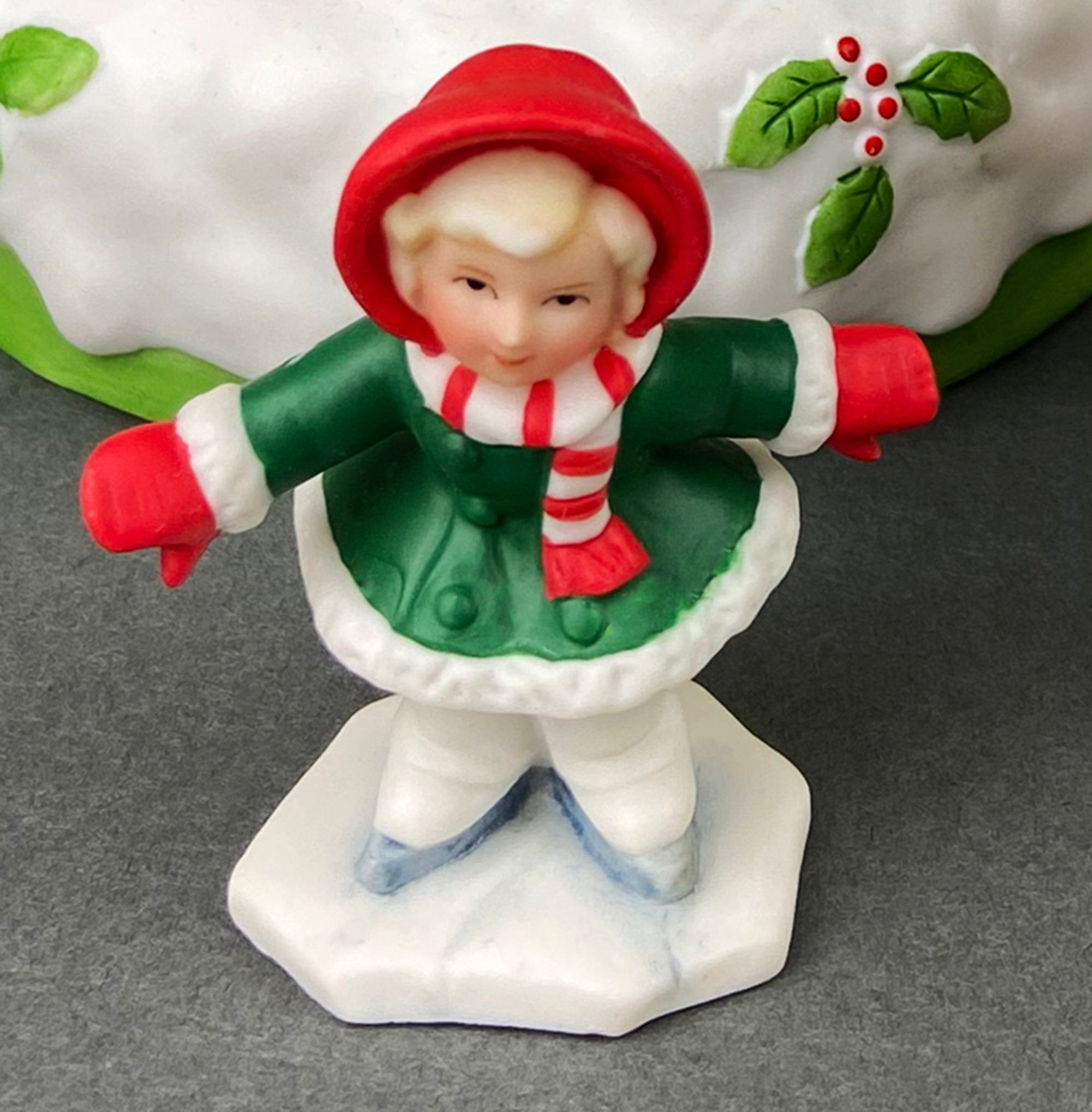 Christmas Village Accessories.  Dressed Christmas Trees by Nikko, Korea. Girl Figurine by Lefton.   Set of Two Trees and Little Girl.