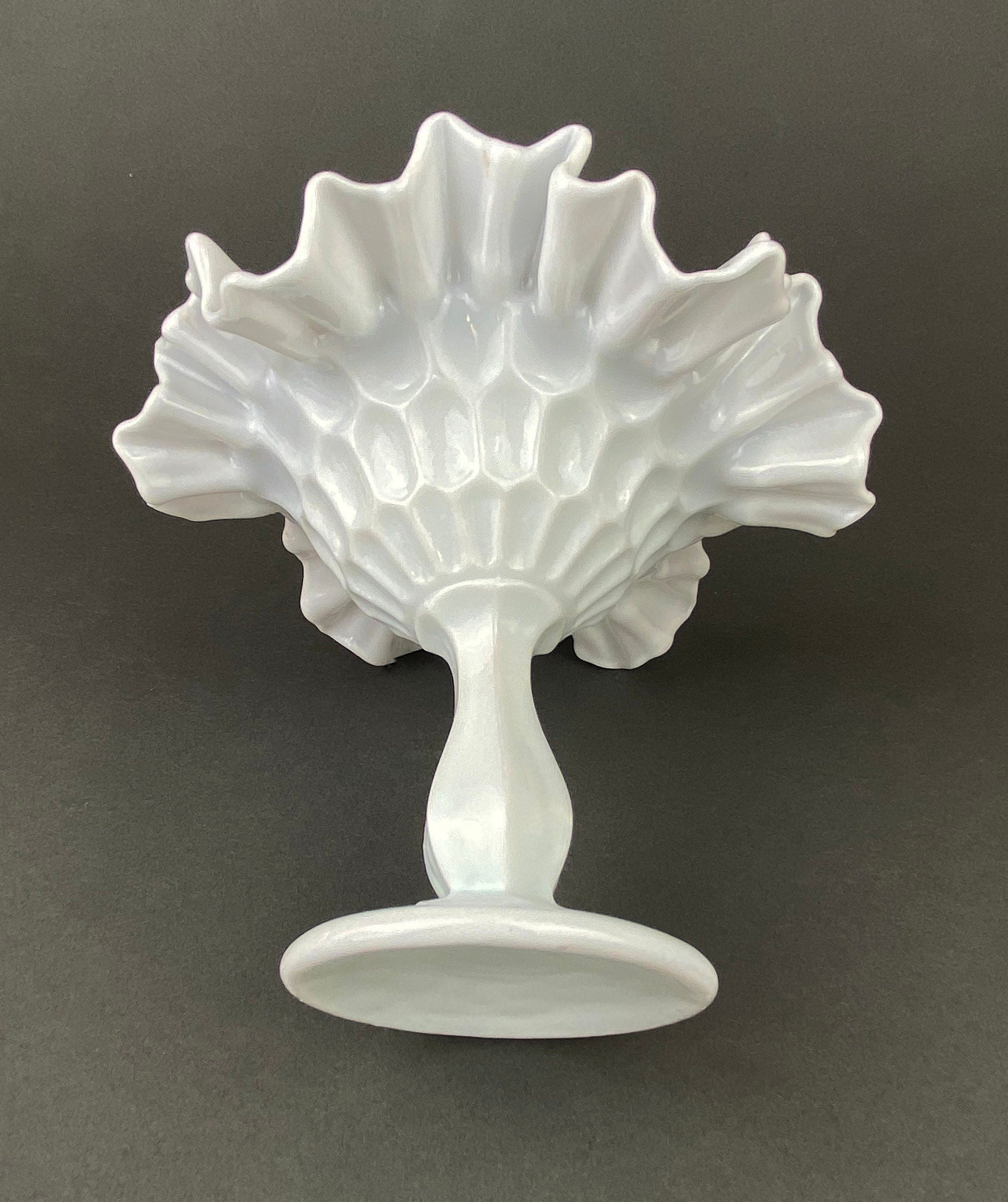 Milk Glass Candy Dish with Ruffled Edge. Vintage, Hobnail Trinket Dish. White Footed Bowl. Fine Tableware.