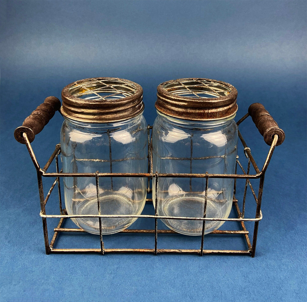 Collection of Rustic, Clear Glass Jars & Bottles with Metal Wire Baskets. Three Sets of Flower Vases or Candle Holders. Modern Farmhouse.