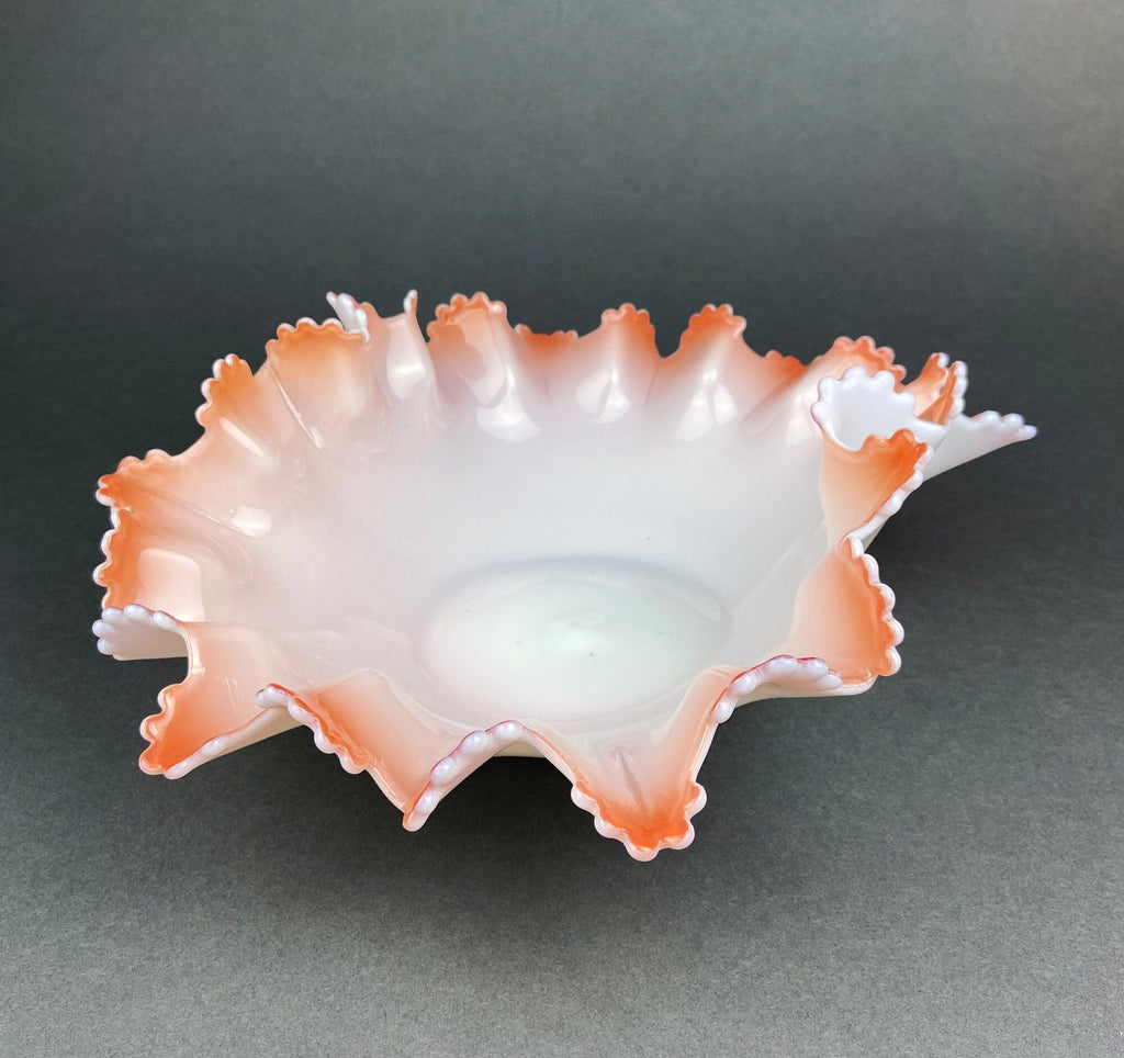 Vintage Opalescent Glass Bowl, Peach Ruffled Edge Collectible