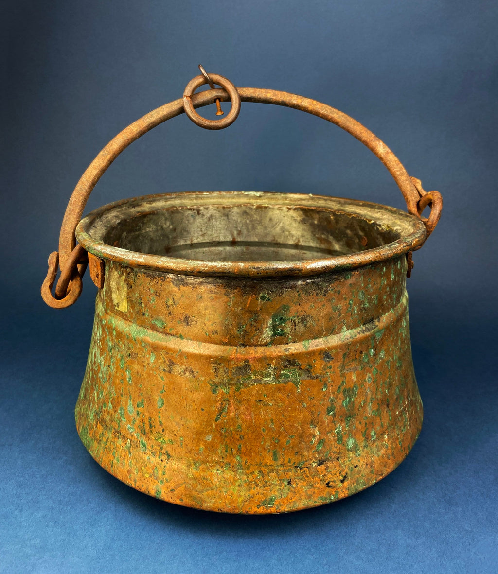 Antique Hand-Hammered Brass Bucket with Wrought Iron Handle: Rustic Farmhouse Decor