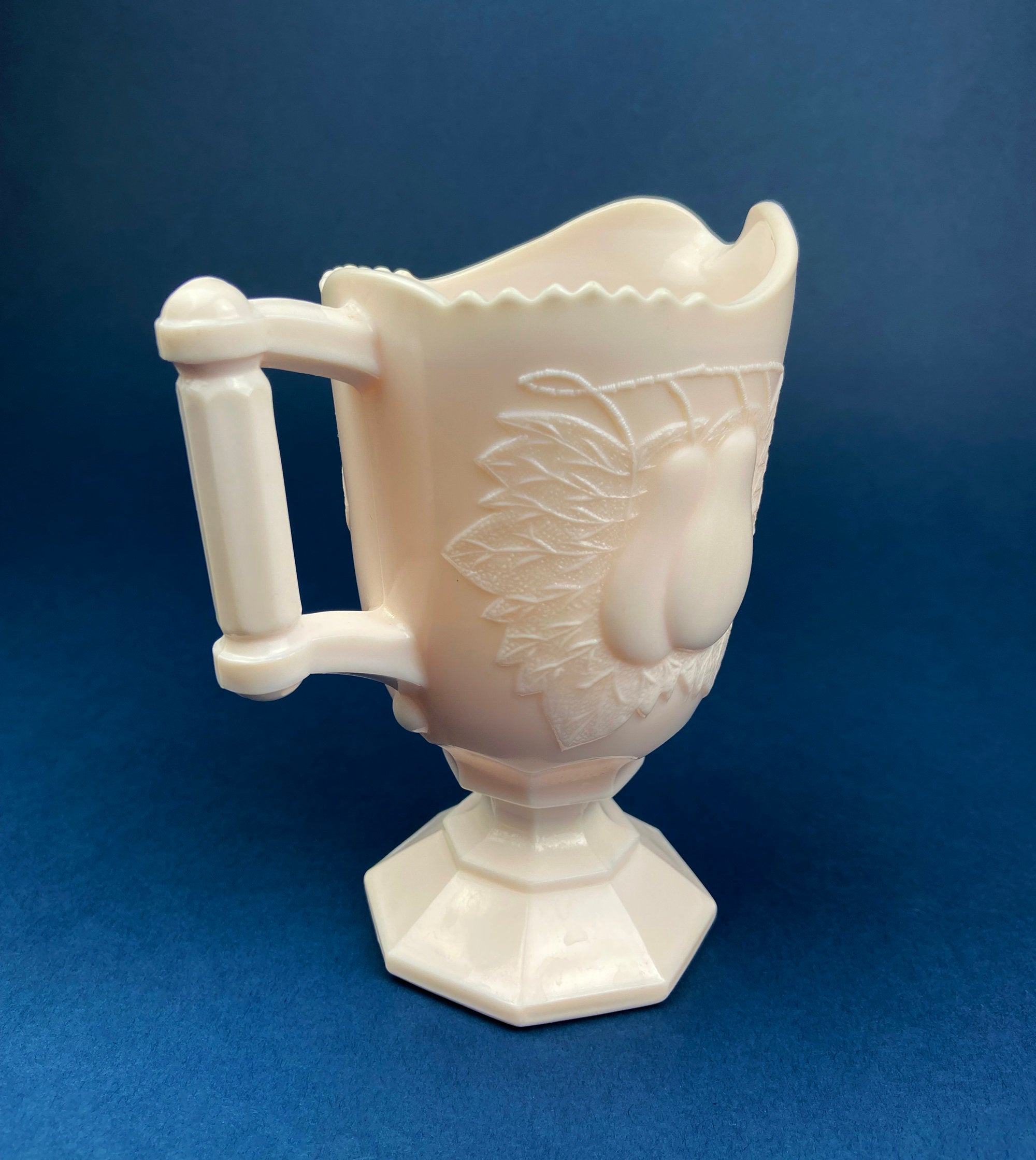 Pink Milk Glass Footed Creamer with Pear Motif. Collectible Tableware.