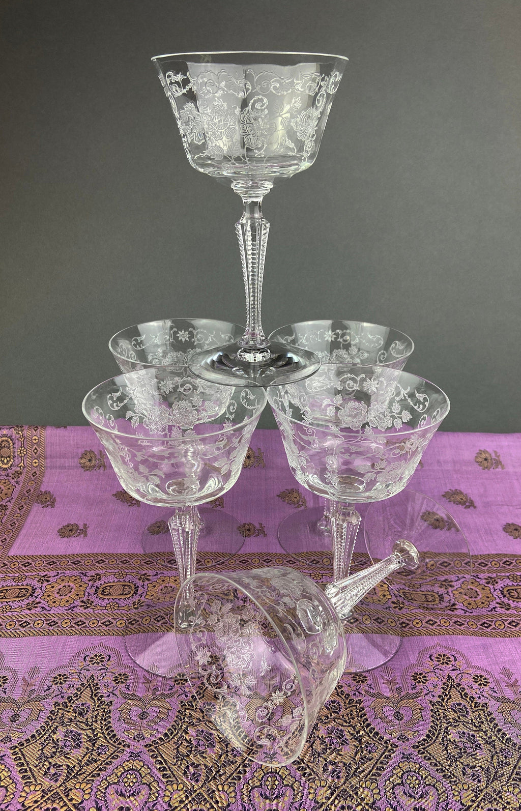 Antique Tall Sherbet Crystal Glasses by Fostoria. Etched Midnight Rose Pattern. Set of Six, 4 oz, Glassware. Replacements. Fine Dining.