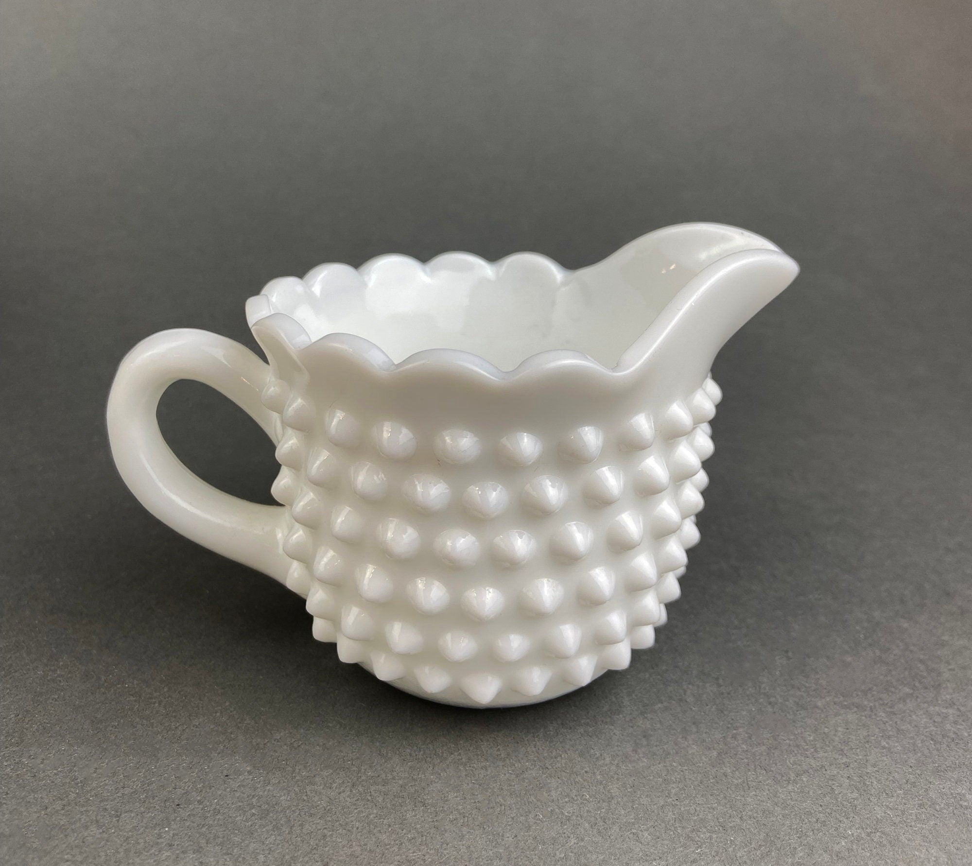 Vintage Milk Glass Creamer, Hobnail Scalloped Sauce Dish