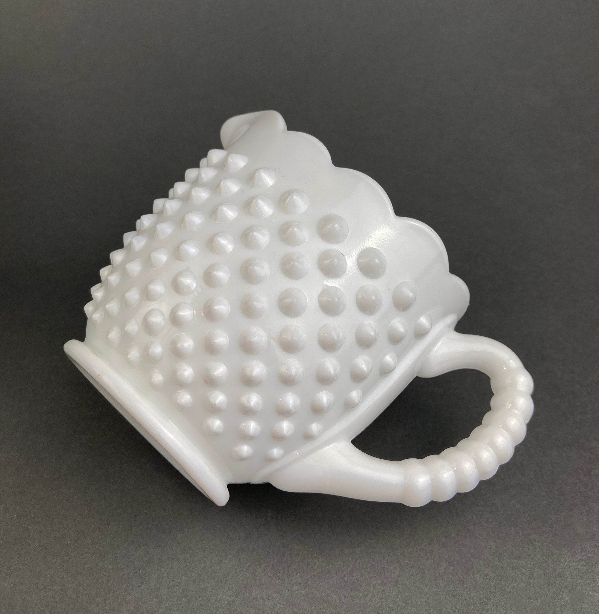 Vintage Milk Glass Creamer, Hobnail Scalloped Sauce Dish