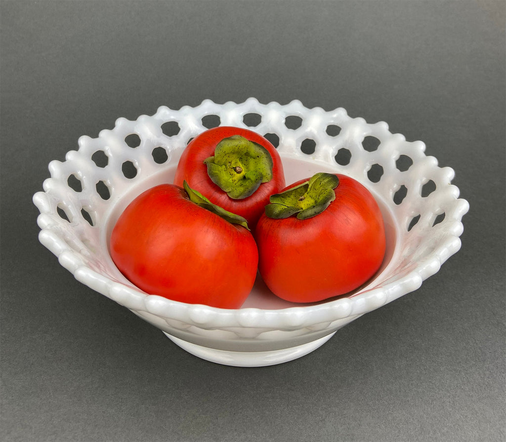 Vintage Milk Glass Footed Candy Bowl, Grape Motif, Ruffled Rim