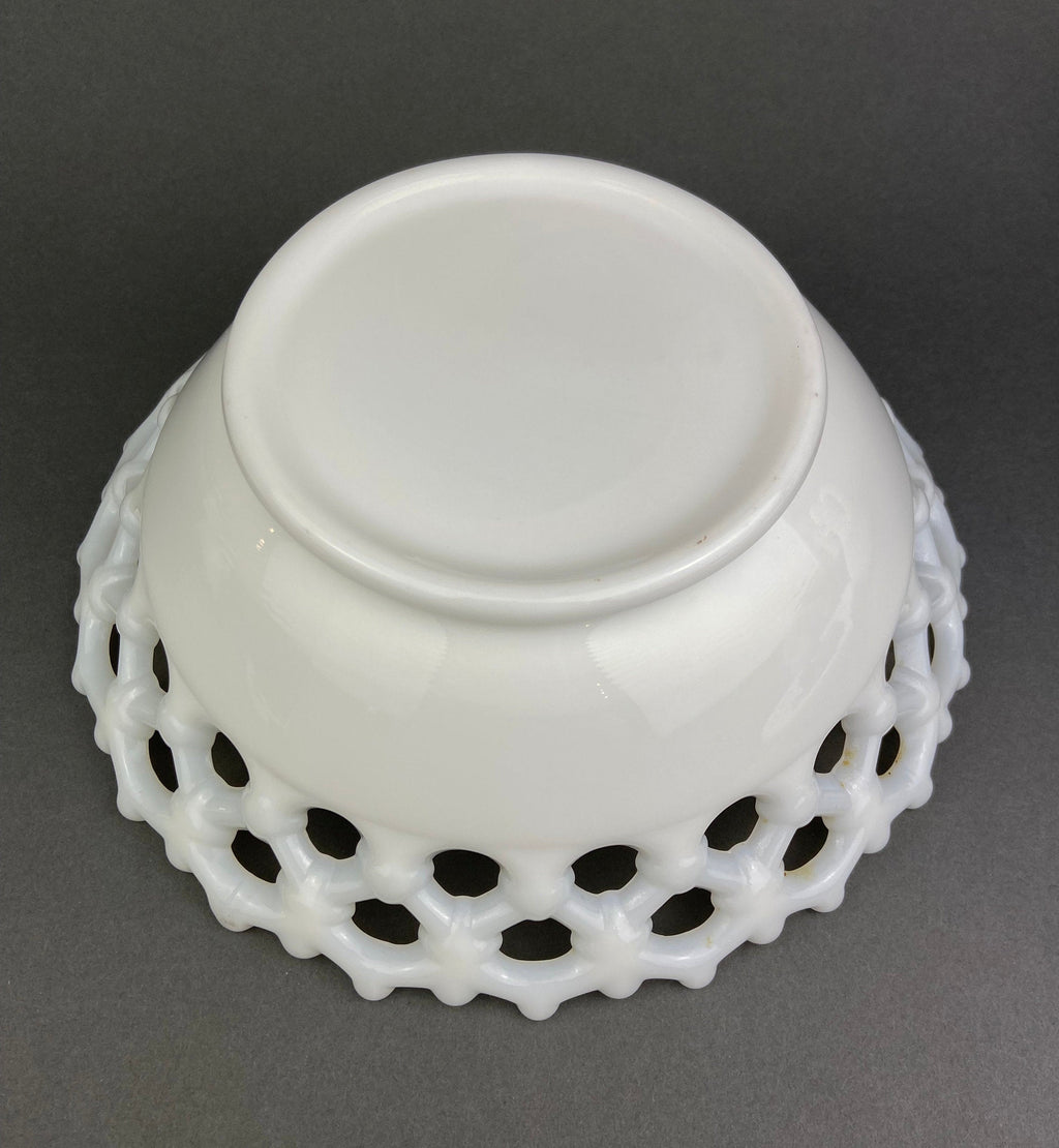 Vintage Milk Glass Bowl, Reticulated Lace Rim, White Table Centerpiece
