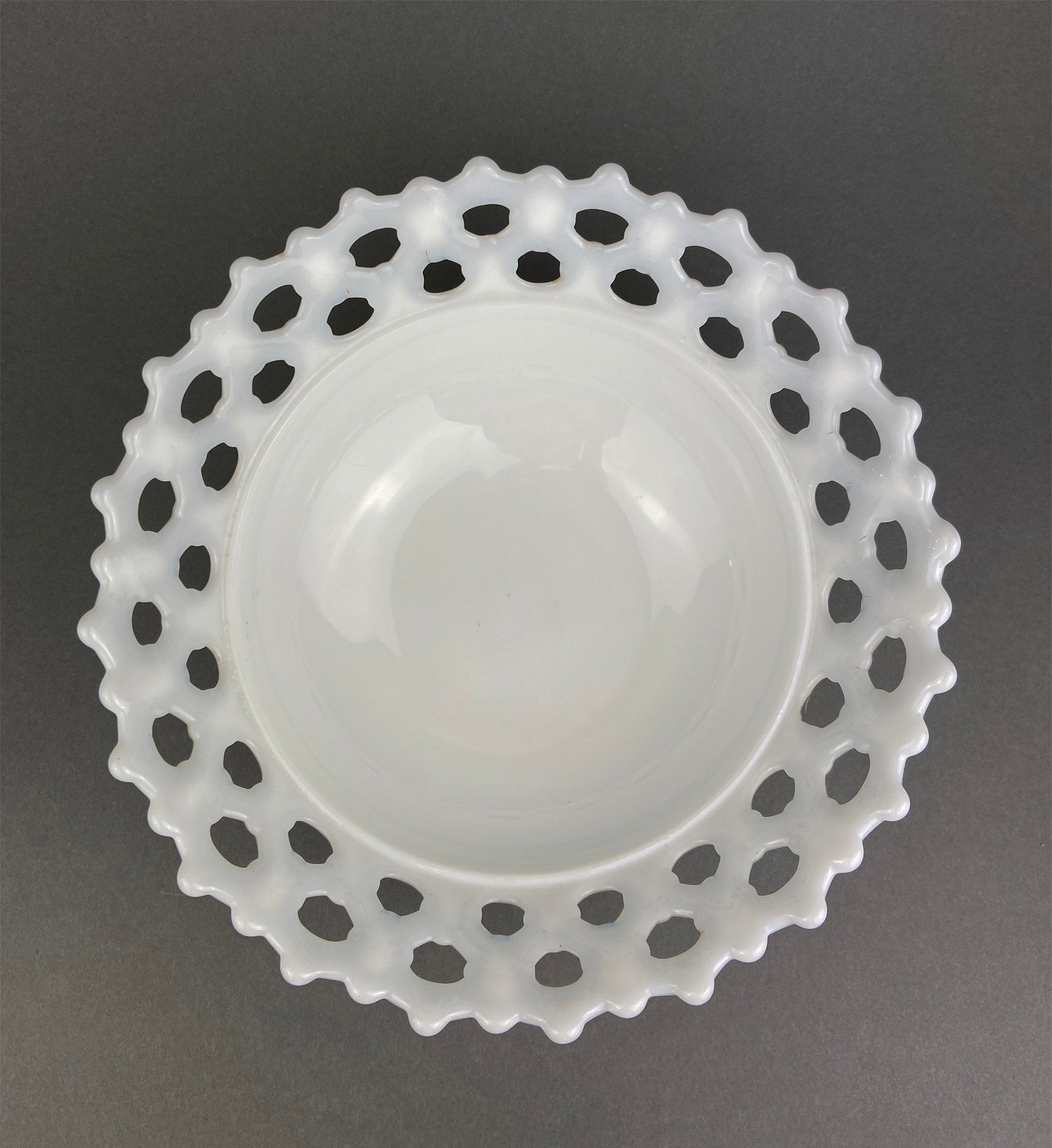Vintage Milk Glass Bowl, Reticulated Lace Rim, White Table Centerpiece