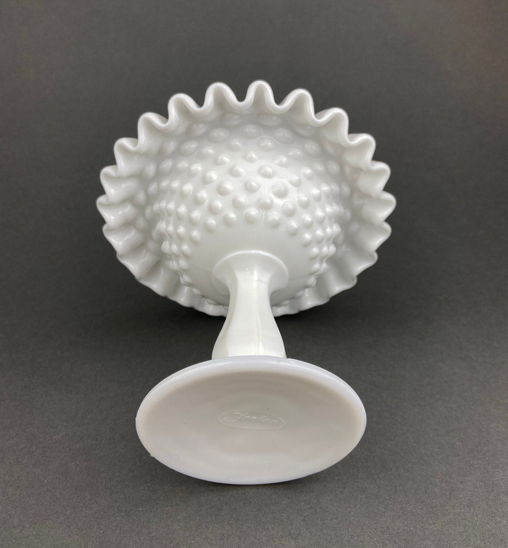Vintage Fenton Milk Glass Candy Dish, Hobnail Ruffled Trinket Bowl