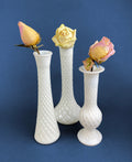 Milk Glass Vases. Collection of Three Differently Quilted & Shaped Flower Vases. Wedding Decor. Spring Celebration. White Fine Dining. Finie
