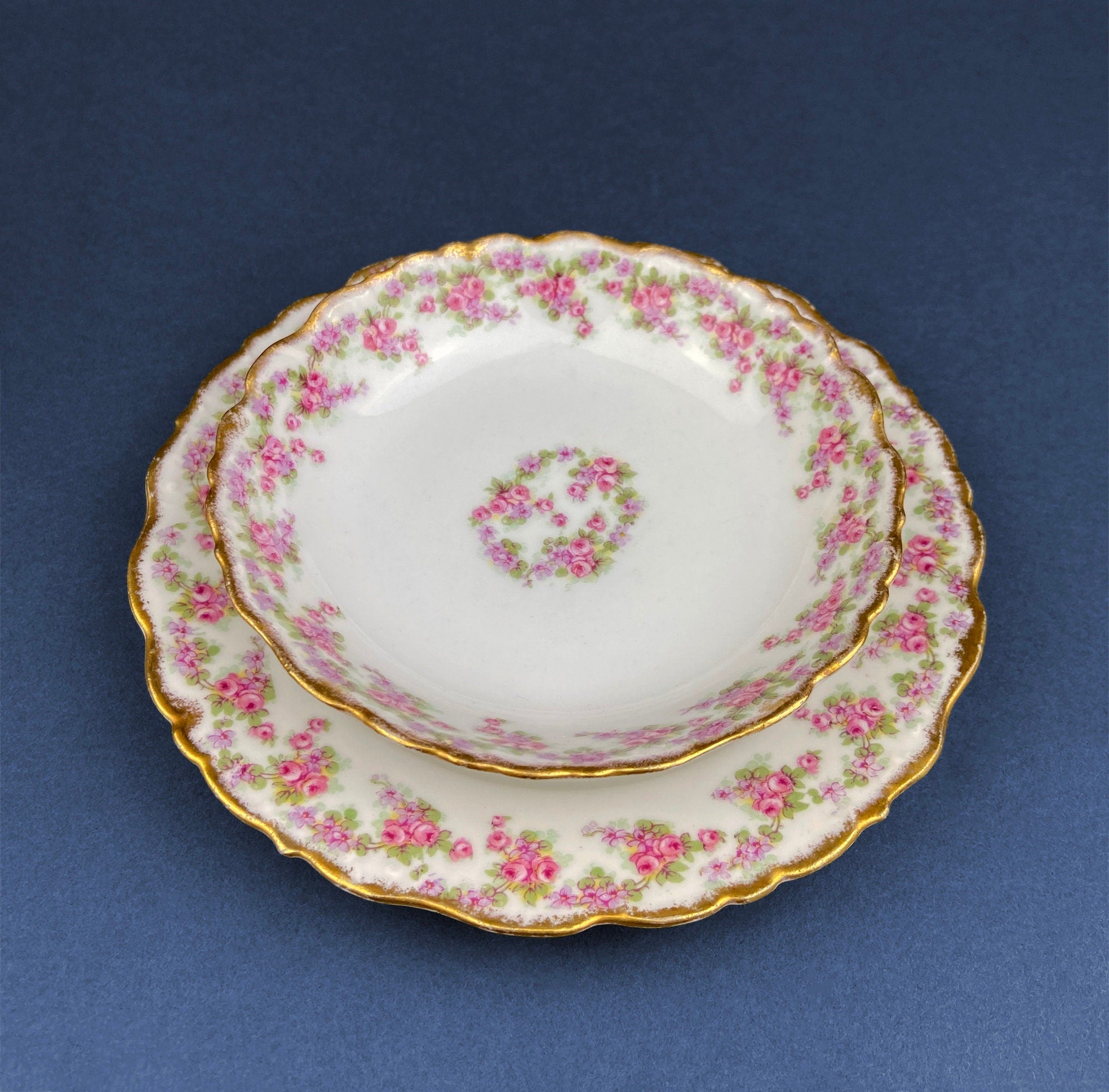 Limoges Elite Set of Five Bread, Salad, 8.75 inch Plates with Pink Roses and Scalloped Rim.  Antique Limoges Dishes.
