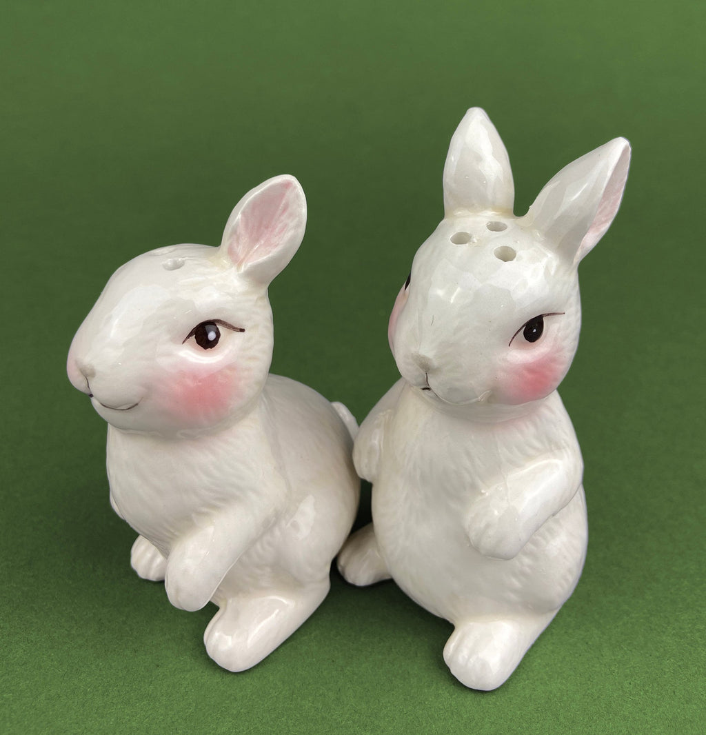 Otagiri Bunny Salt & Pepper Shakers. Well Dressed Male/Female Rabbits. Hand Painted Porcelain Couple. Pair of Rabbits for Easter, Everyday.