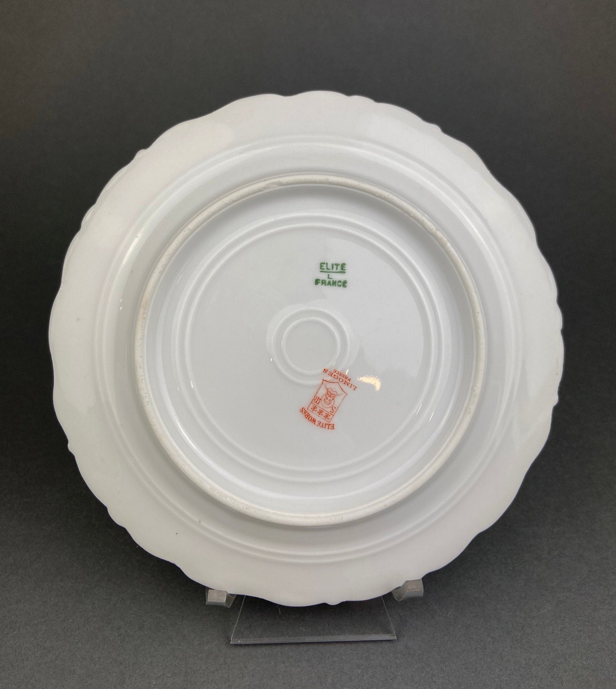 Limoges Elite Set of Five Bread, Salad, 8.75 inch Plates with Pink Roses and Scalloped Rim.  Antique Limoges Dishes.