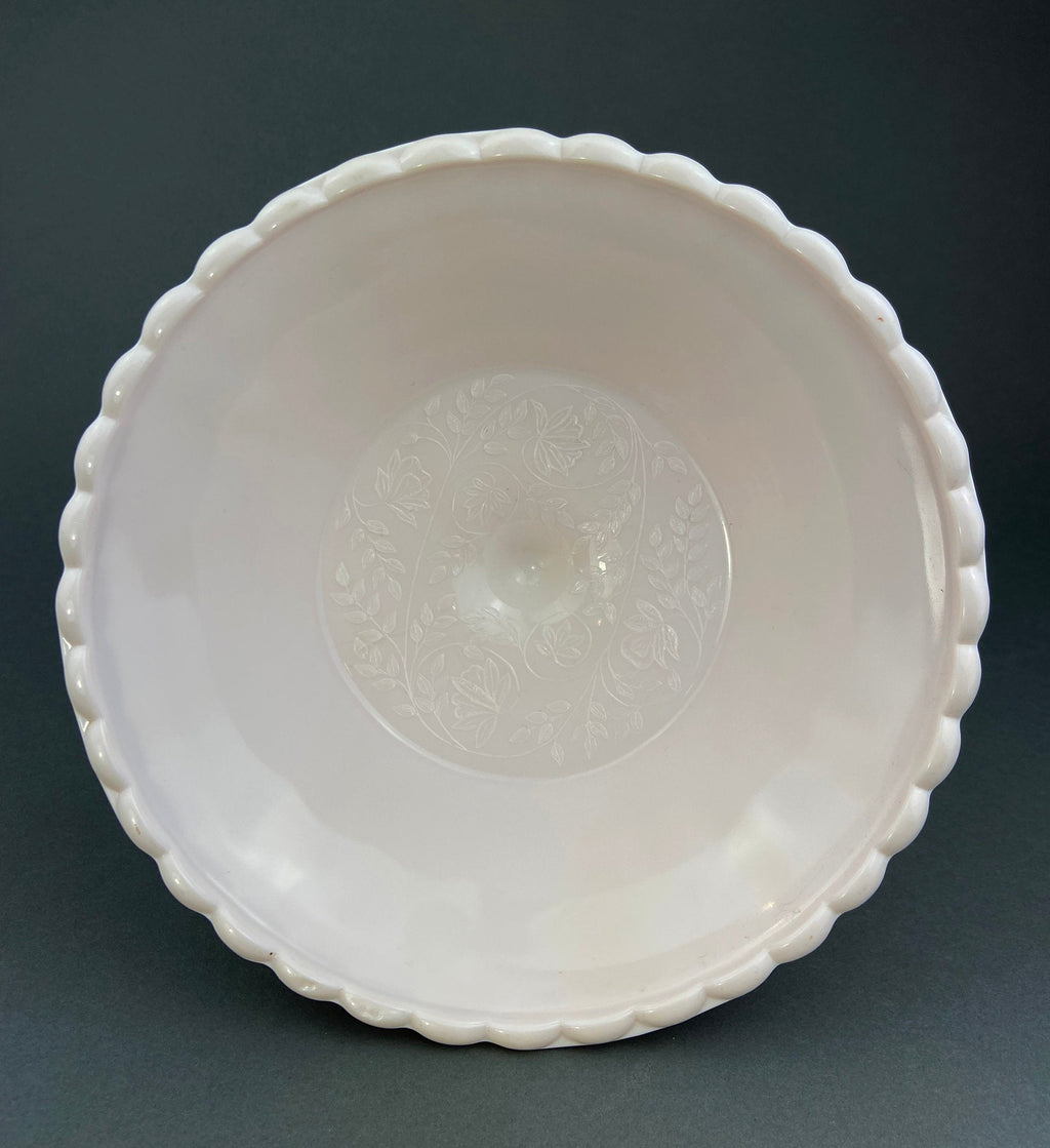 Pink Milk Glass Footed Fruit Bowl. Modern Quilt Pattern on the Outside of a Bowl. Floral Design Inside a Bowl.