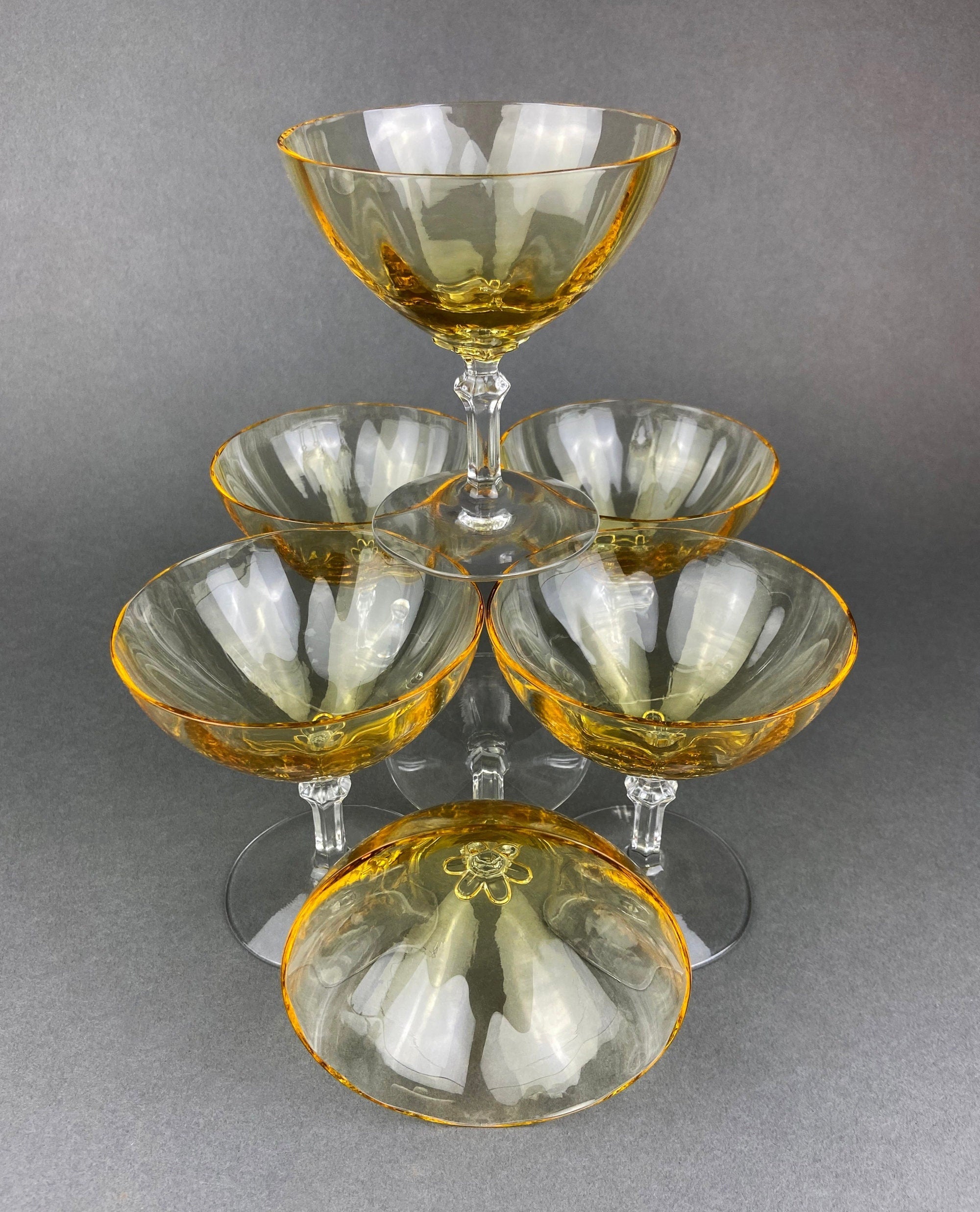 Vintage Fostoria Crystal Topaz Champagne Glasses. Light Yellow Depression Glass Low Sherbet Stemware. Gold Footed Glasses.  Set of Six.