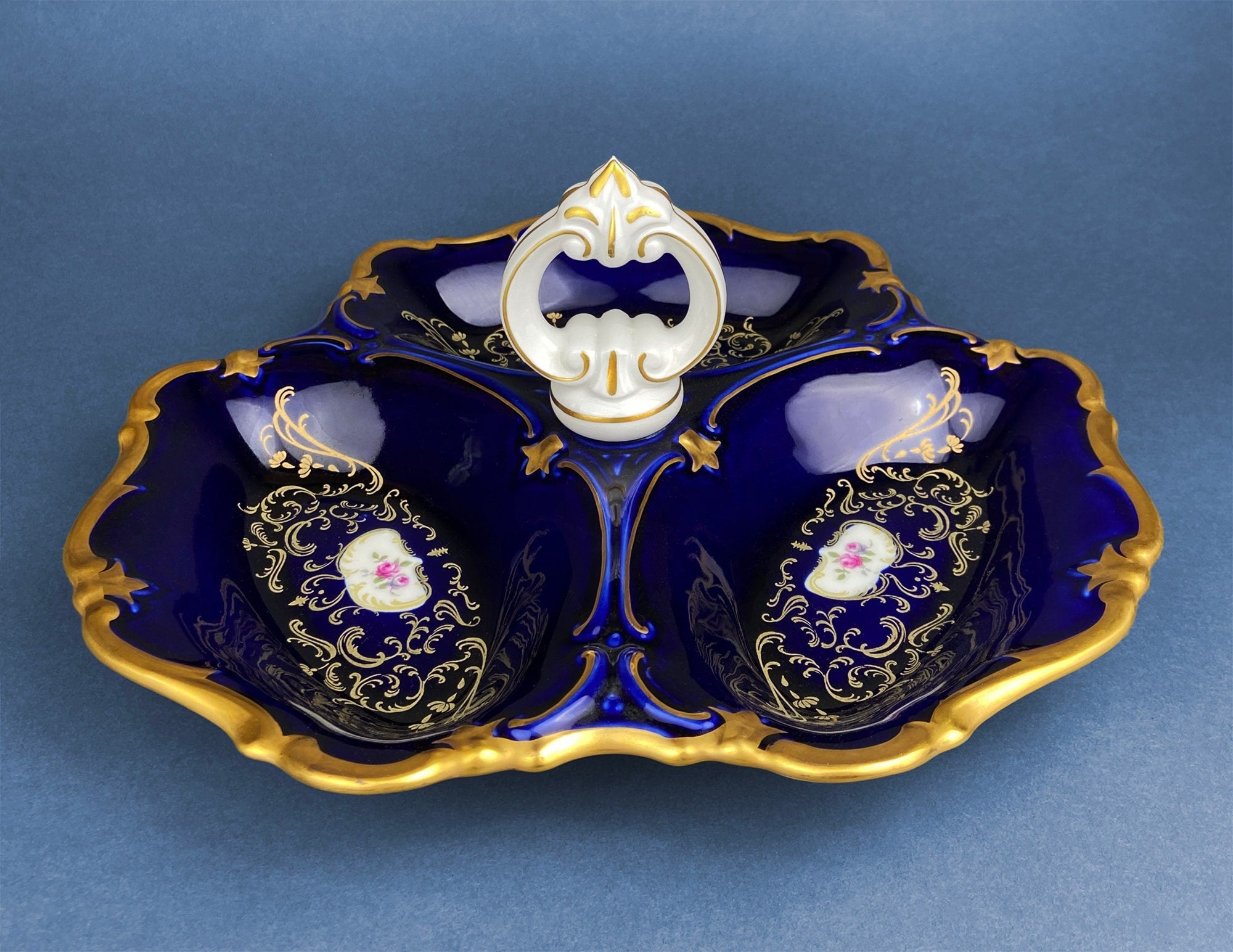 Porcelain Divided Bowl with Handle, Decorated with Three Different Hand Painted Landscapes. Antique Rare Collectible Art Dish.