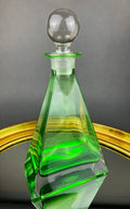 Green Crystal Decanter with Clear Stopper. Minimal Crystal Carafe. Office Decor. Social Club Decor. Men Cave Accessory. Gift for Dad.