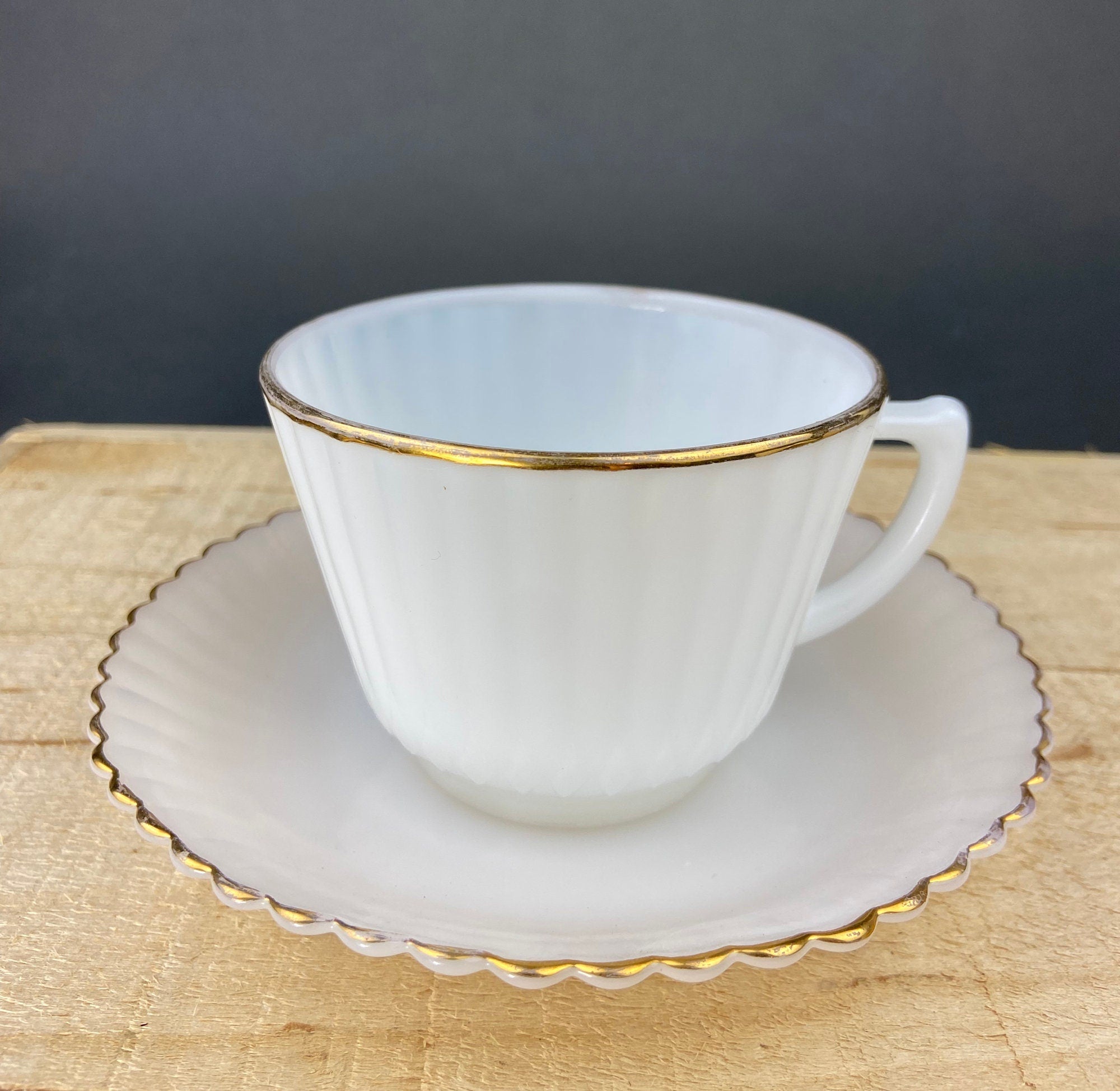 Monax Petalware Opalescent Creamer and Sugar Bowl. White with Gold Brim Depression Glass Creamer and Sugar Bowl.