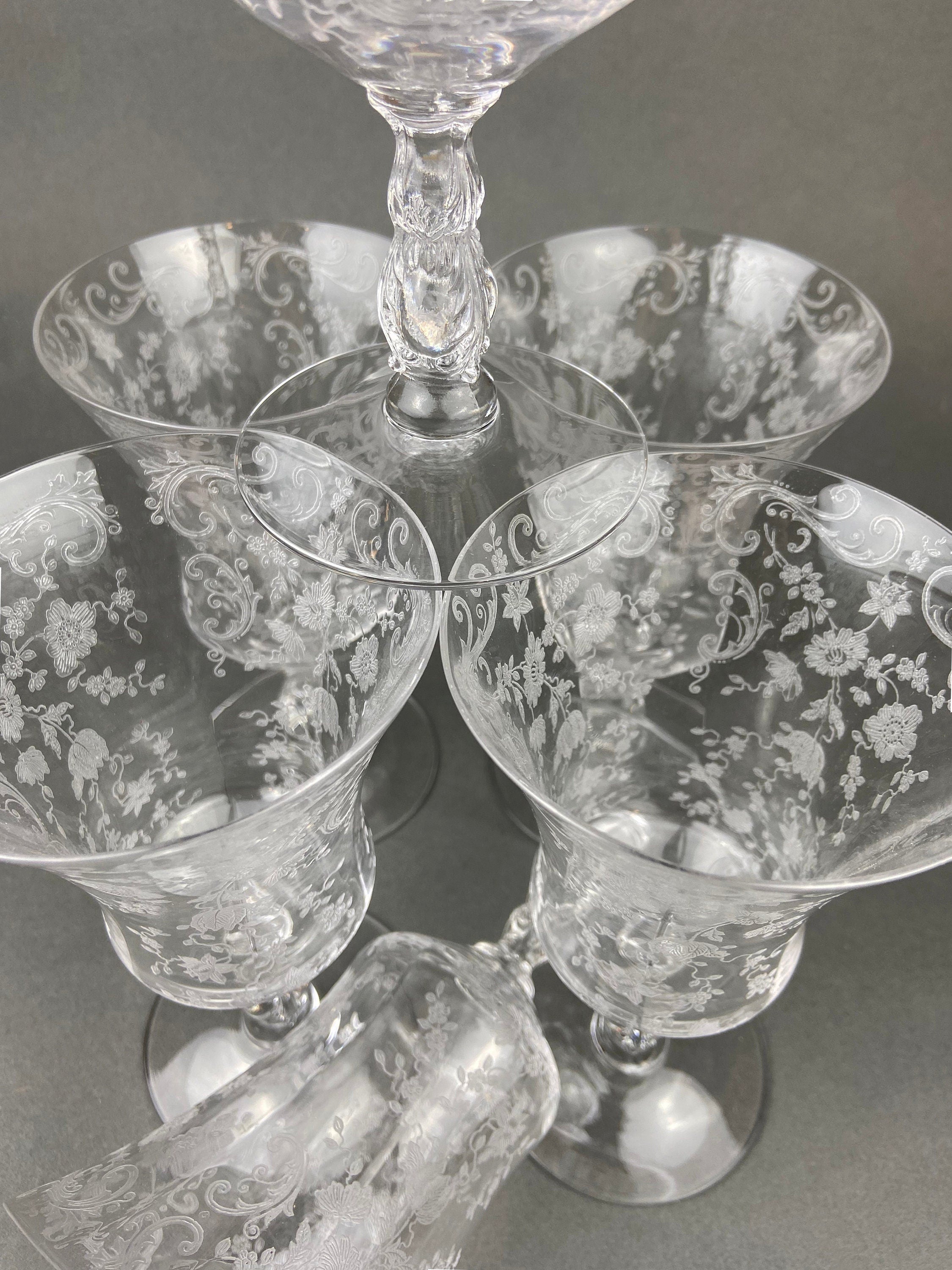 Vintage Cambridge Rose Point Champagne Glasses. Set of Five Tall Sherbets. Floral Etching Stemware. Fine Dining. Wedding Gift Idea.