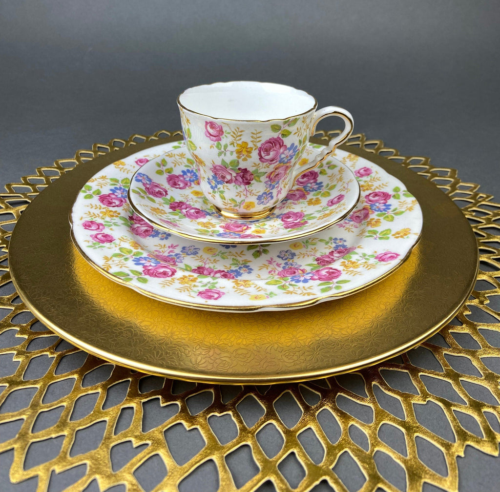 Antique Limoges Porcelain Tea Set/Trio. Teacup, Saucer & Bread/Butter Plate. Silver Anniversary. White China with Gold Rim, Haviland, France