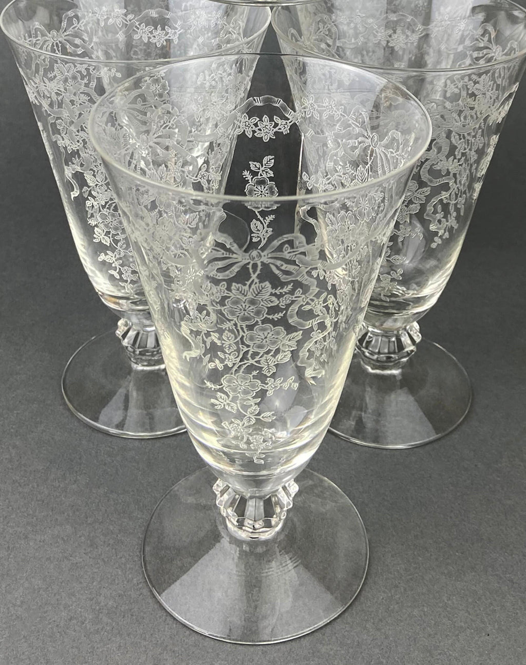 Fostoria Ice Tea Footed Tumblers. Etched Woodland Pattern. Vintage Fostoria Crystal Glasses. Set of 7 Stemware. Collectible Glass.