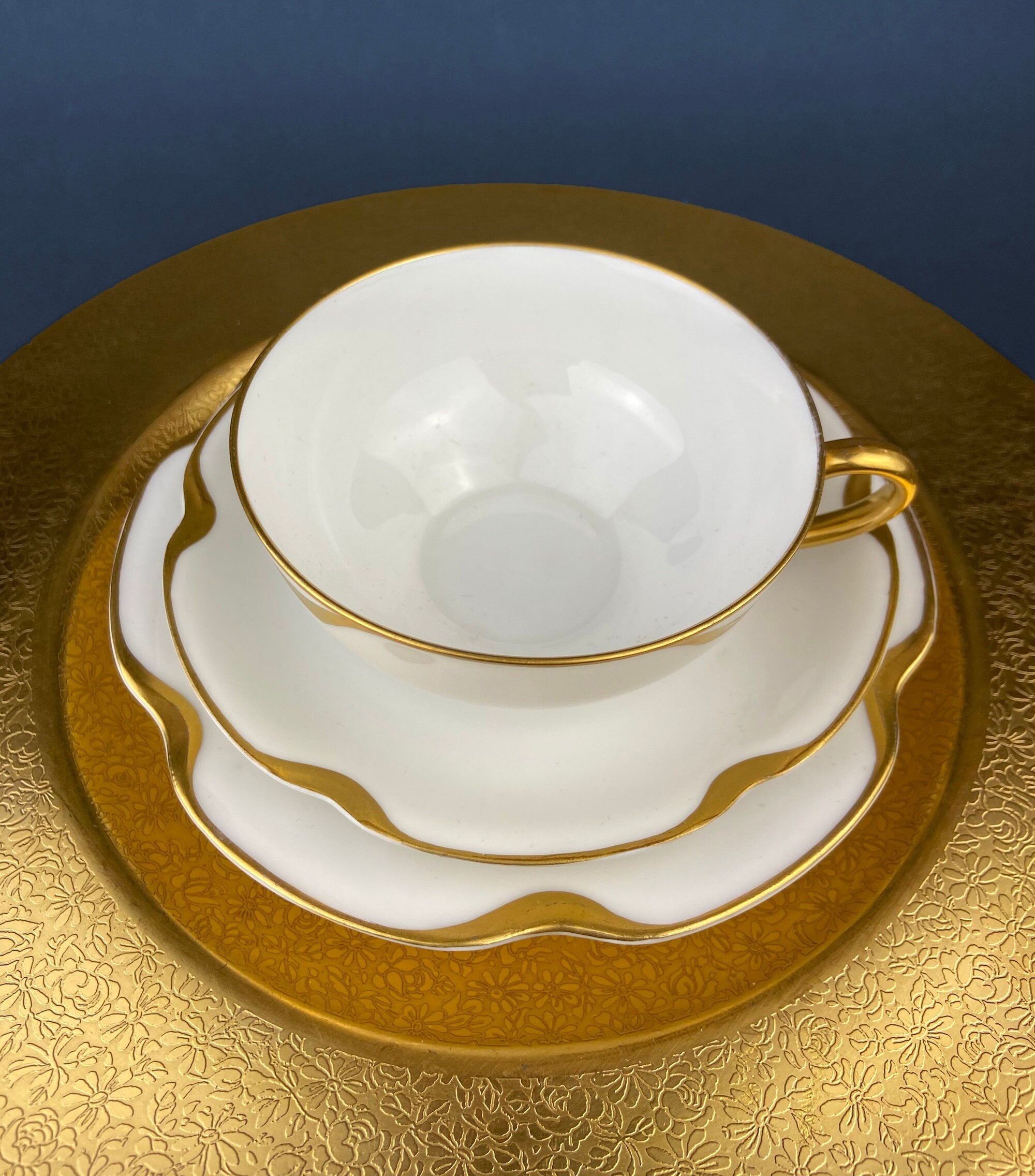 Limoges Haviland Teacup and Saucer, Gold Scalloped Rim, Silver Anniversary Pattern