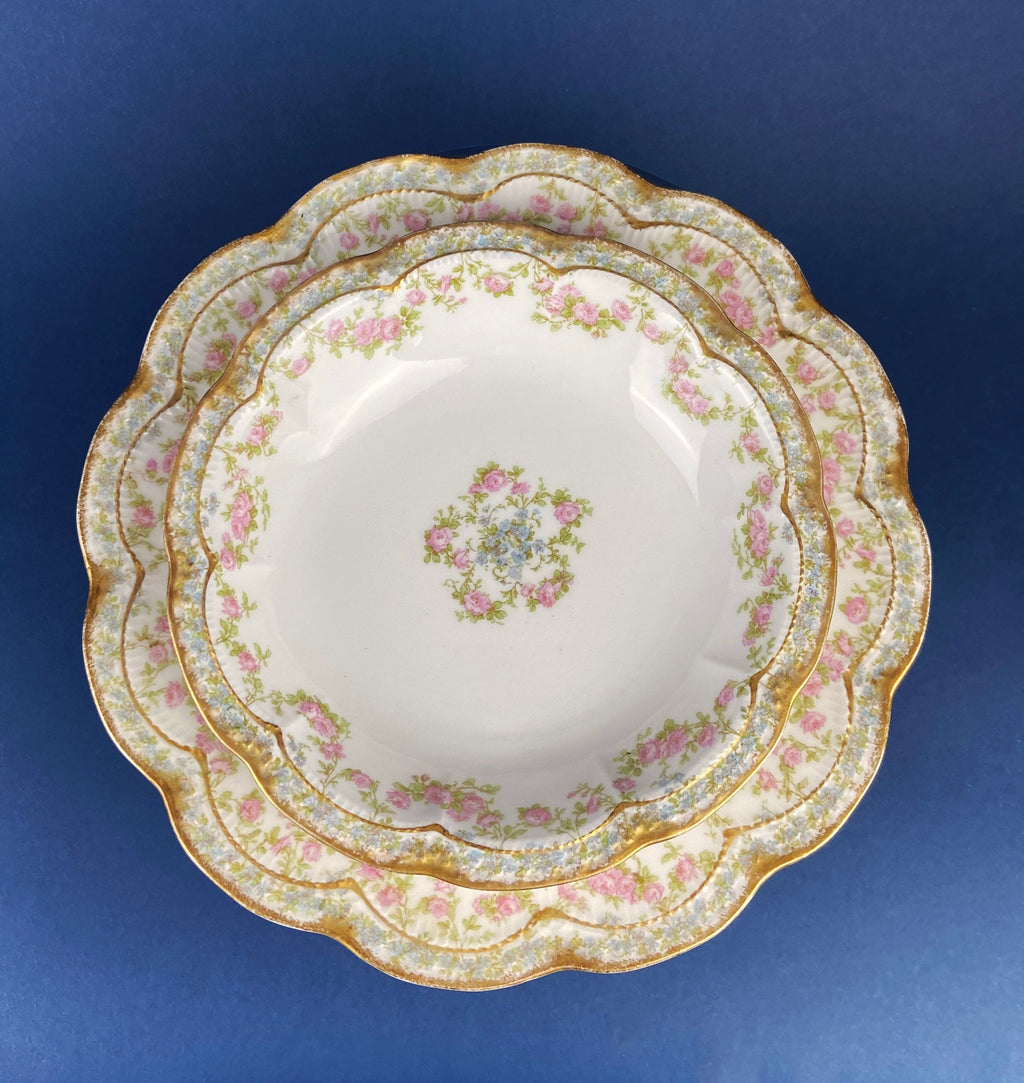 Dinner or Salad Plates, Antique Limoges Elite Porcelain Set of Two Hand-Painted Rose Garlands and Scalloped Gold Rim. MF. & Co.